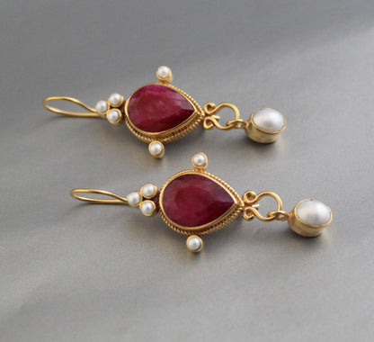 Red Earrings, Ruby Vintage Earrings, Edwardian Pearl Earring