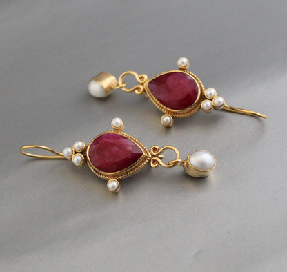 Red Earrings, Ruby Vintage Earrings, Edwardian Pearl Earring