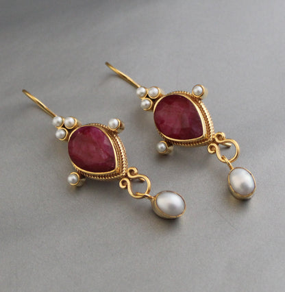 Red Earrings, Ruby Vintage Earrings, Edwardian Pearl Earring