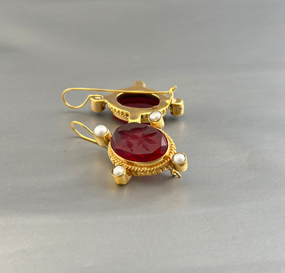 Red Intaglio Earrings, Dainty Gold Earrings