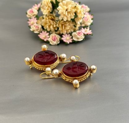 Red Intaglio Earrings, Dainty Gold Earrings