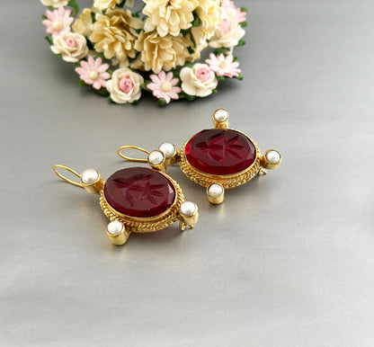 Red Intaglio Earrings, Dainty Gold Earrings