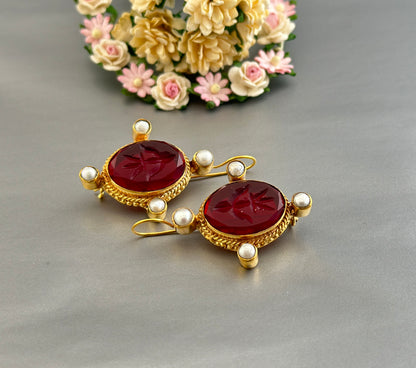 Red Intaglio Earrings, Dainty Gold Earrings