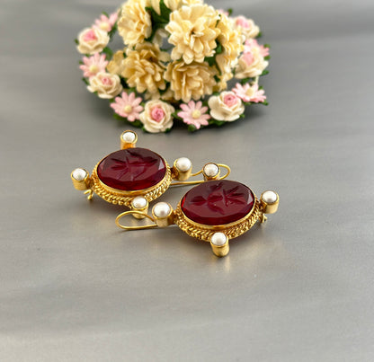 Red Intaglio Earrings, Dainty Gold Earrings