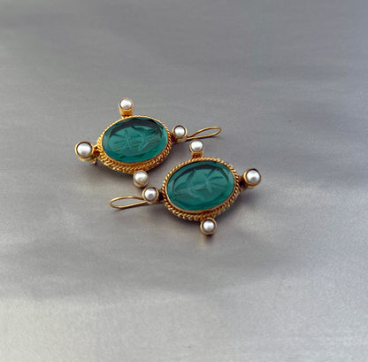 Green Intaglio Earrings, Dainty Gold Earrings