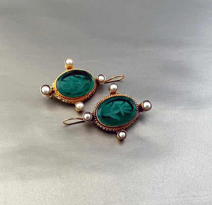 Green Intaglio Earrings, Dainty Gold Earrings