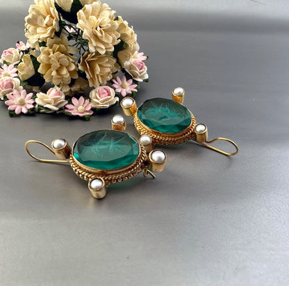 Green Intaglio Earrings, Dainty Gold Earrings