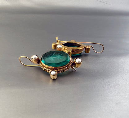 Green Intaglio Earrings, Dainty Gold Earrings