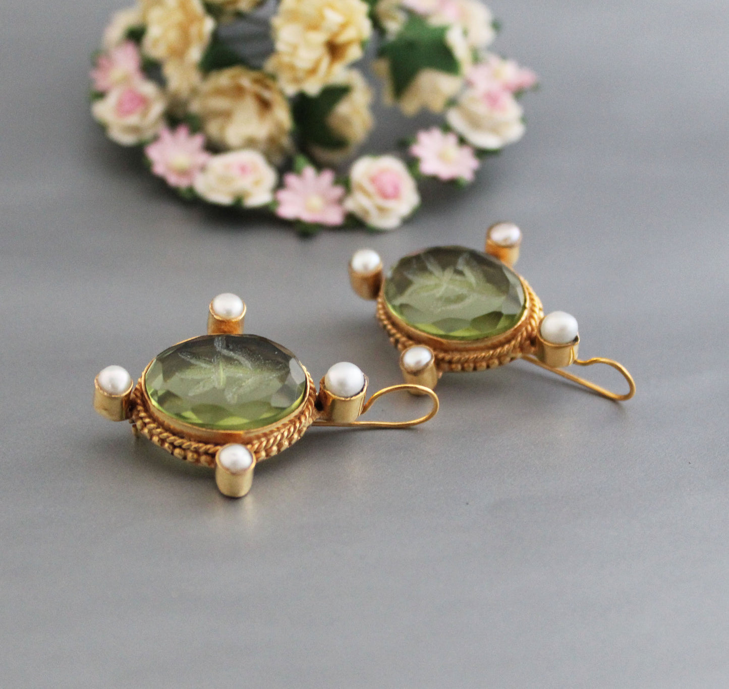 Olive Green Intaglio Earrings, Dainty Gold Earrings