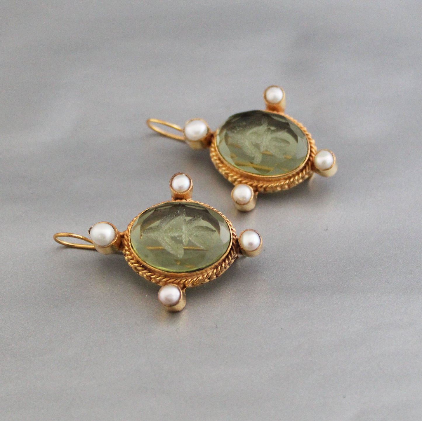 Olive Green Intaglio Earrings, Dainty Gold Earrings