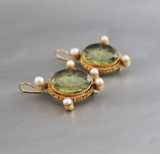 Olive Green Intaglio Earrings, Dainty Gold Earrings