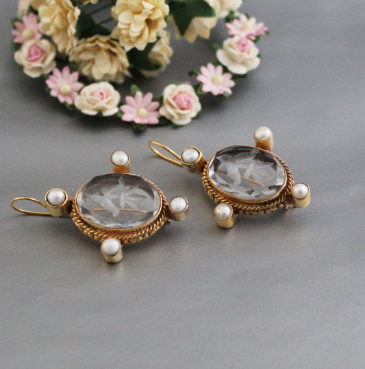 Clear Crystal Intaglio Earrings, Dainty Gold Earrings