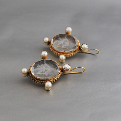 Clear Crystal Intaglio Earrings, Dainty Gold Earrings