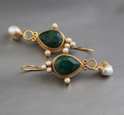 Green Earrings, Emerald Vintage Earrings, Edwardian Pearl Earring