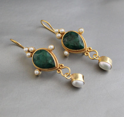 Green Earrings, Emerald Vintage Earrings, Edwardian Pearl Earring