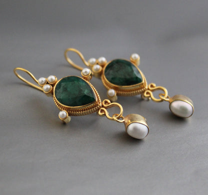 Green Earrings, Emerald Vintage Earrings, Edwardian Pearl Earring