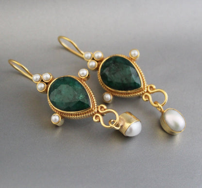 Green Earrings, Emerald Vintage Earrings, Edwardian Pearl Earring