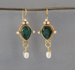 Green Earrings, Emerald Vintage Earrings, Edwardian Pearl Earring