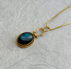 Natural Blue Flash Labradorite 925 Sterling Silver Gold Plated Necklace