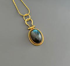 Natural Blue Flash Labradorite 925 Sterling Silver Gold Plated Necklace