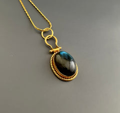 Natural Blue Flash Labradorite 925 Sterling Silver Gold Plated Necklace