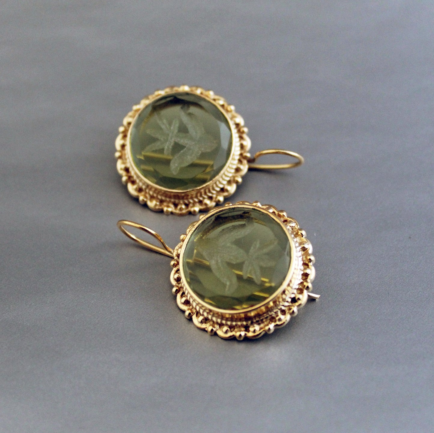 Green Quartz Intaglio Earrings, Vintage Art Deco Earrings