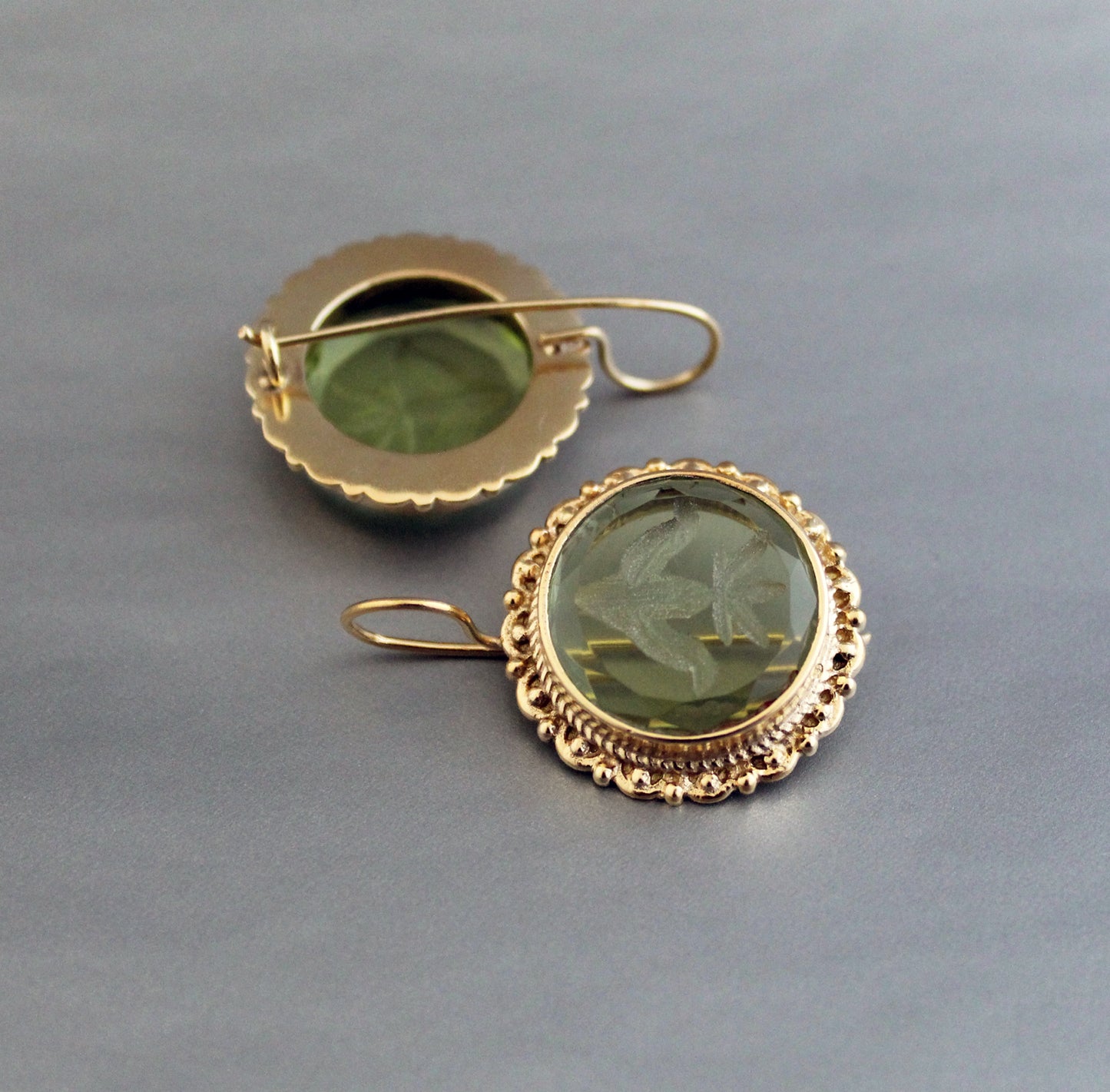 Green Quartz Intaglio Earrings, Vintage Art Deco Earrings