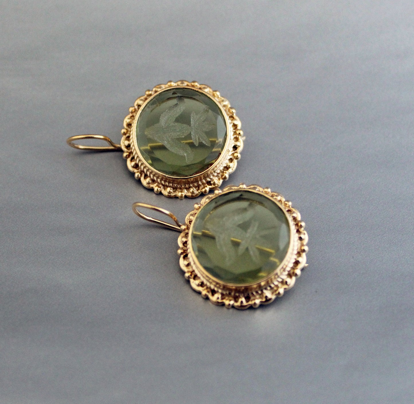 Green Quartz Intaglio Earrings, Vintage Art Deco Earrings