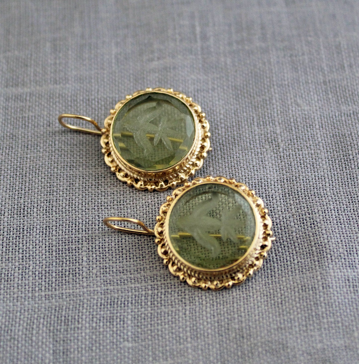 Green Quartz Intaglio Earrings, Vintage Art Deco Earrings