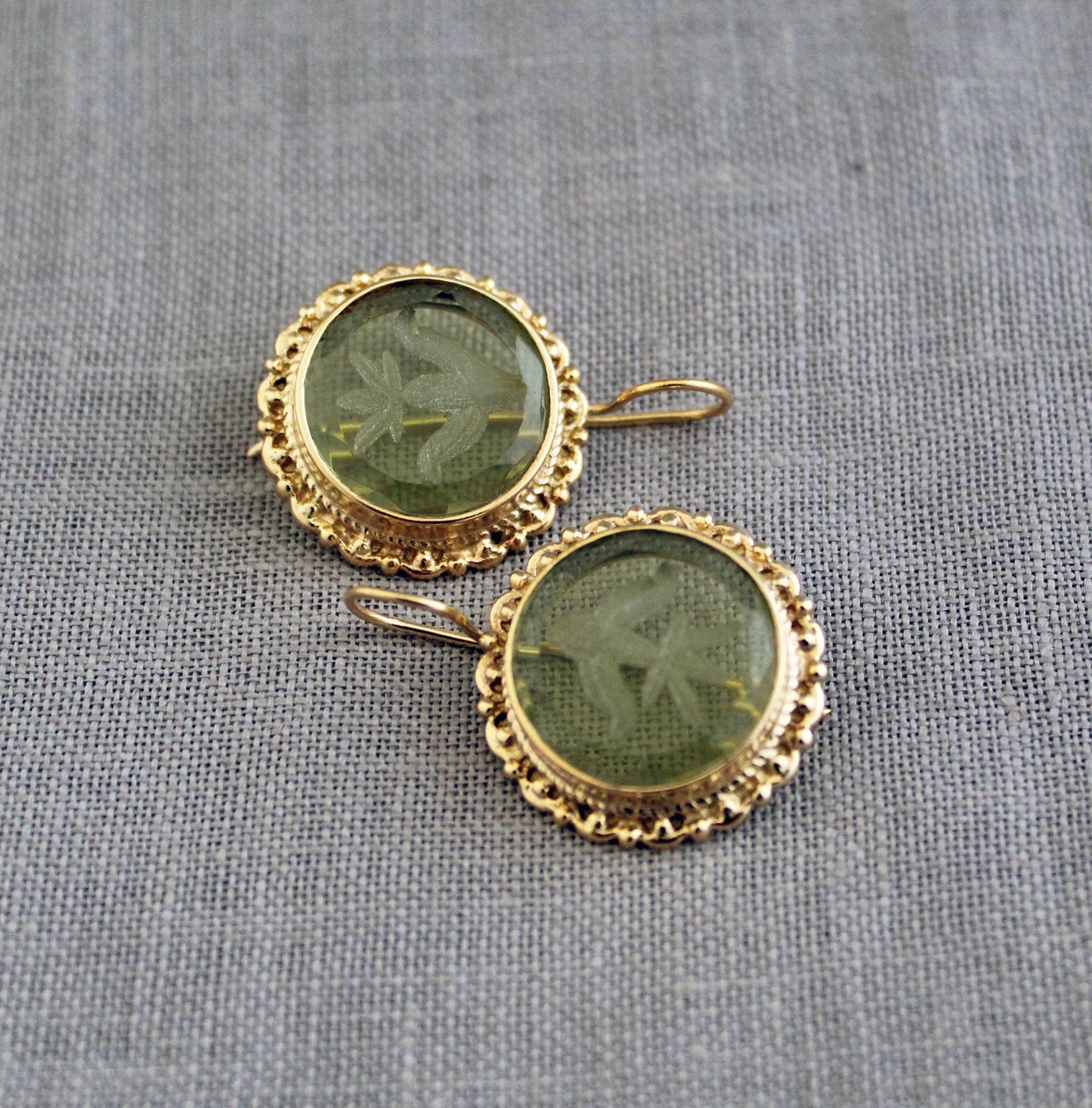 Green Quartz Intaglio Earrings, Vintage Art Deco Earrings