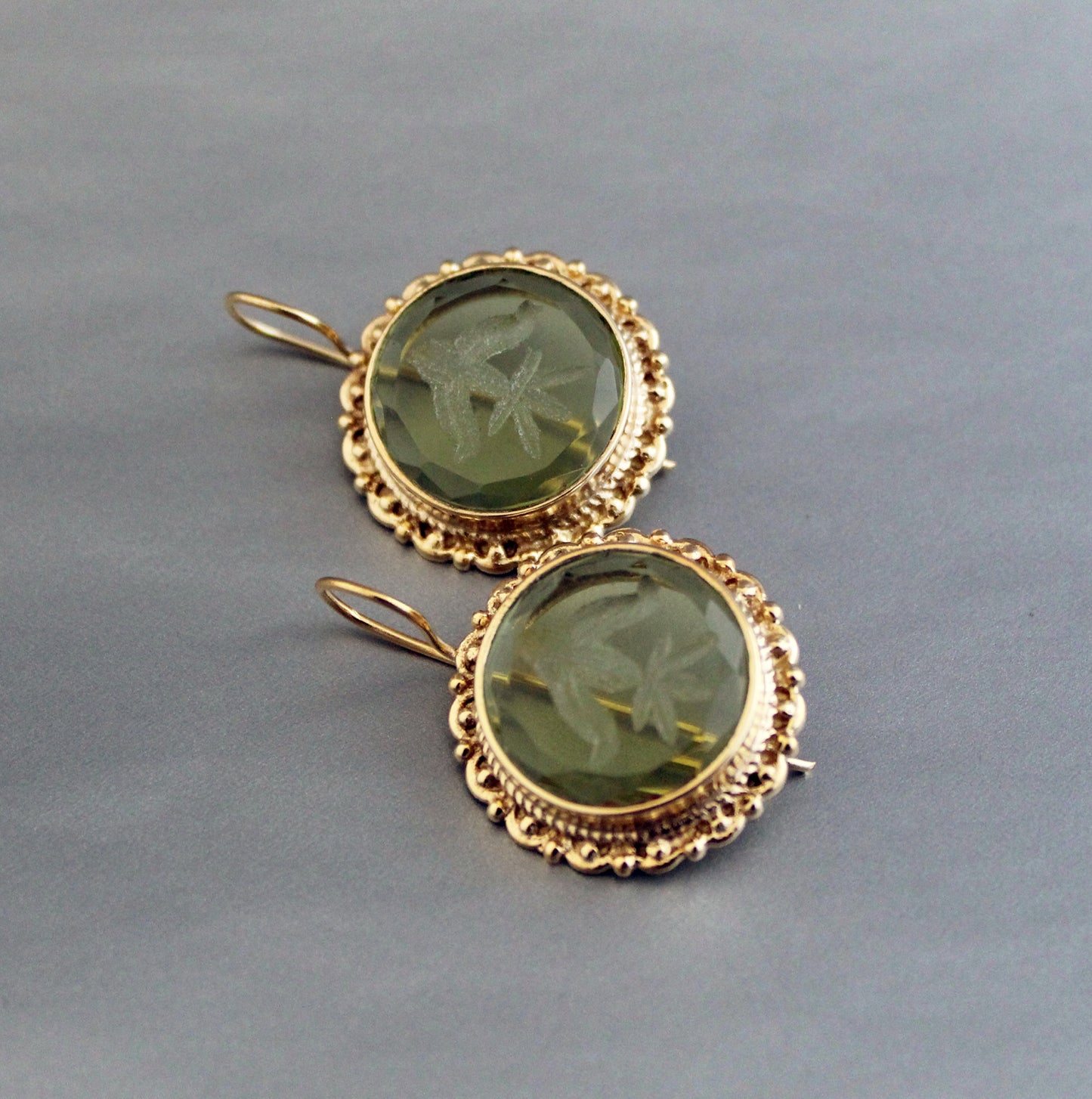 Green Quartz Intaglio Earrings, Vintage Art Deco Earrings