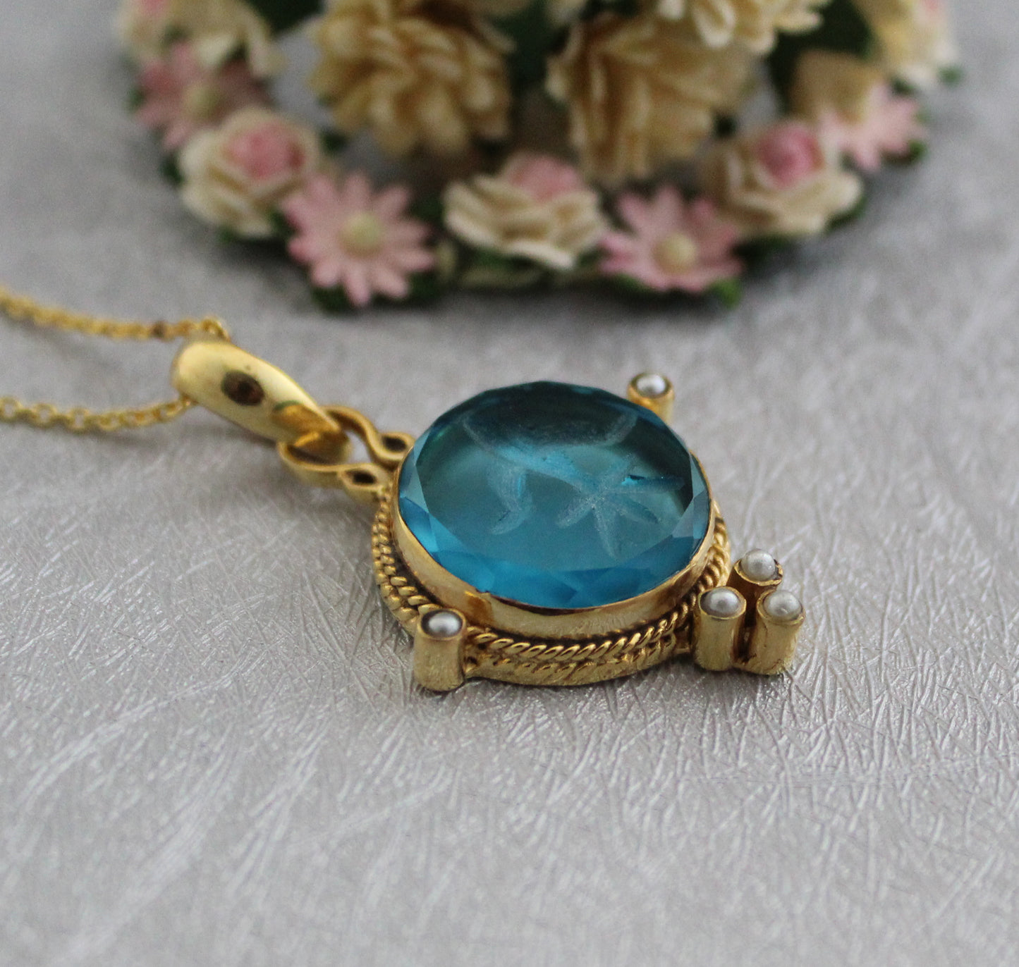 Blue Intaglio Necklace, Antique Vintage Victorian Necklace