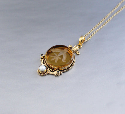 Yellow Intaglio Necklace, Antique Vintage Victorian Necklace