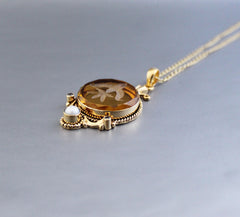 Yellow Intaglio Necklace, Antique Vintage Victorian Necklace