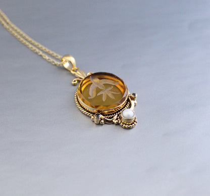 Yellow Intaglio Necklace, Antique Vintage Victorian Necklace