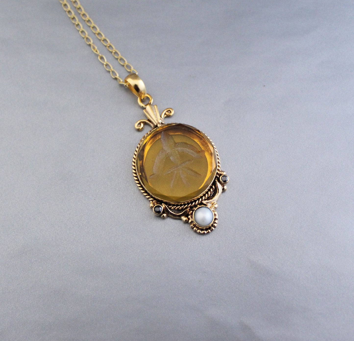 Yellow Intaglio Necklace, Antique Vintage Victorian Necklace