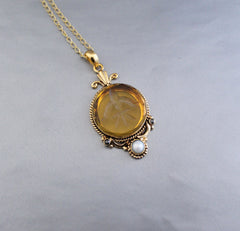 Yellow Intaglio Necklace, Antique Vintage Victorian Necklace
