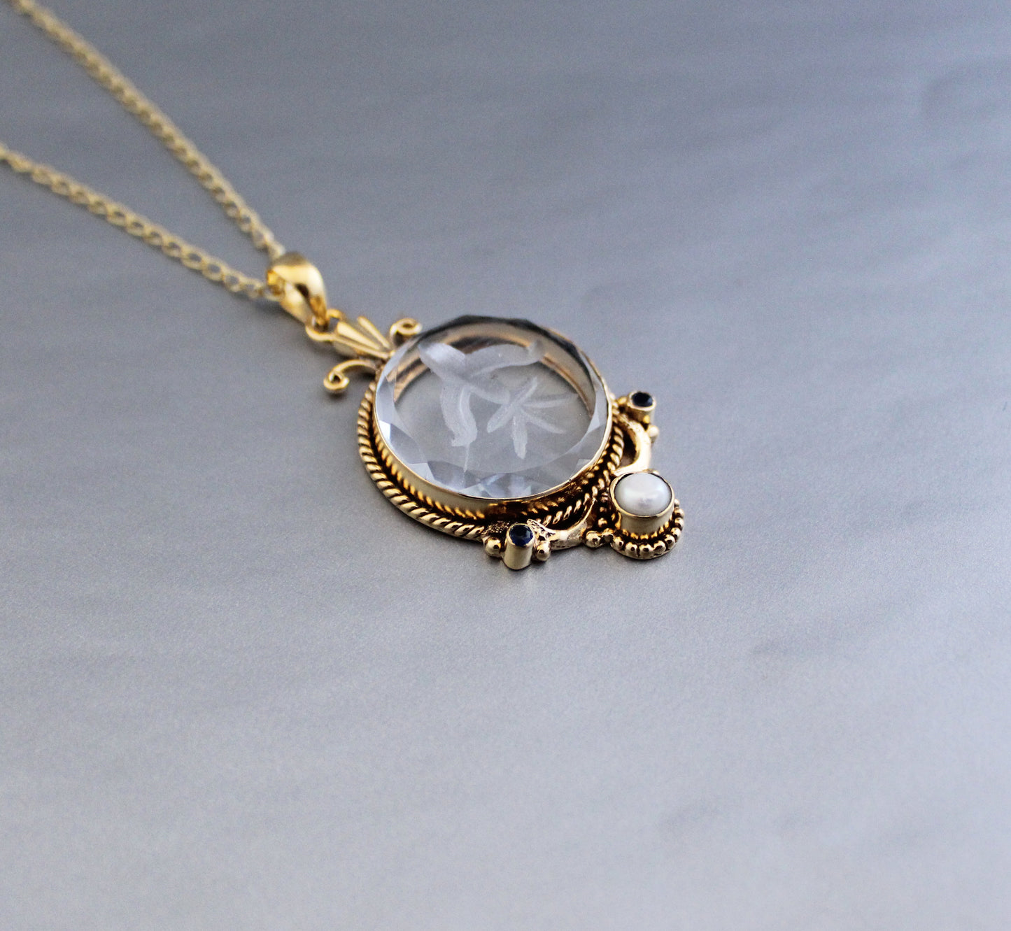 Clear Glass Intaglio Necklace, Antique Vintage Victorian Necklace