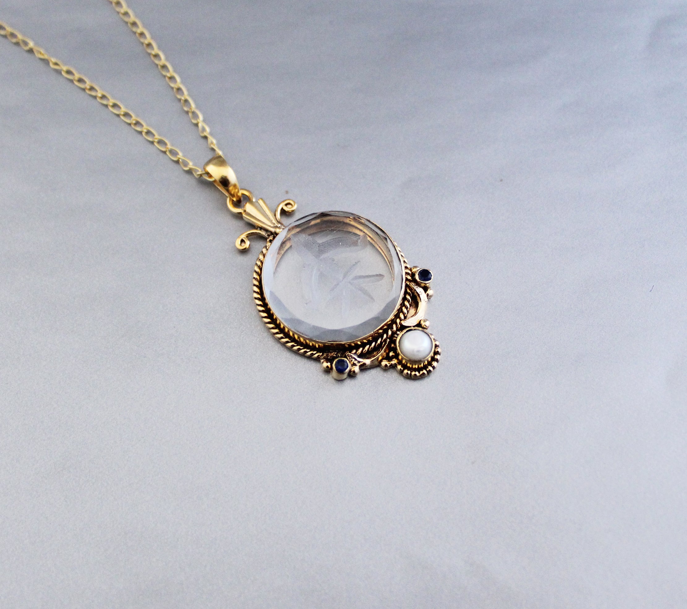 Clear Glass Intaglio Necklace, Antique Vintage Victorian Necklace