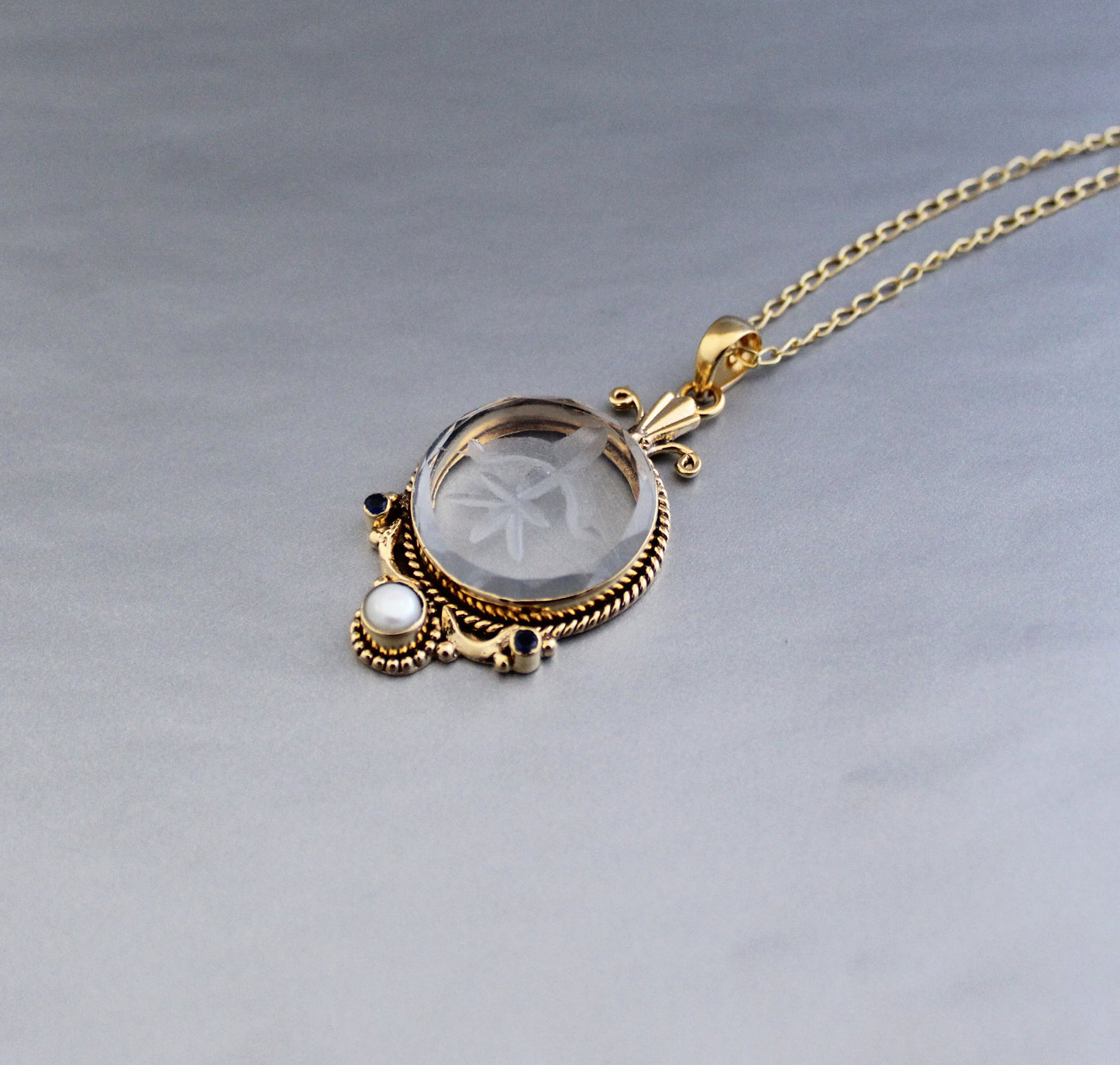 Clear Glass Intaglio Necklace, Antique Vintage Victorian Necklace