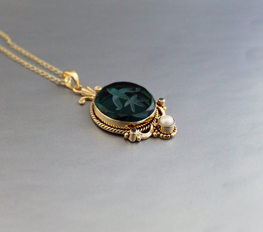 Green Intaglio Necklace, Victorian Pendant