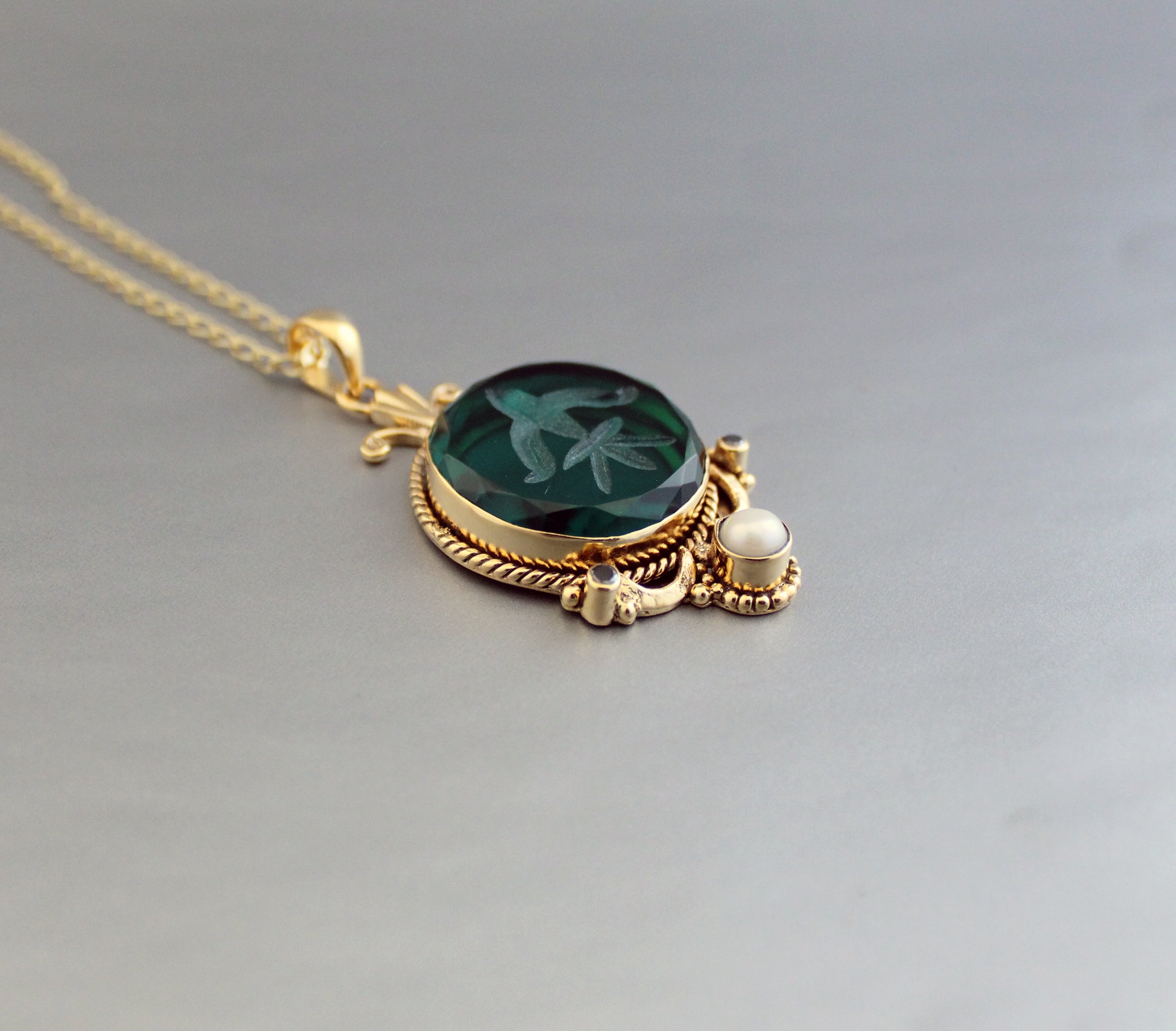 Green Intaglio Necklace, Victorian Pendant