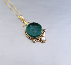 Green Intaglio Necklace, Victorian Pendant
