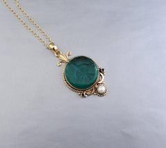 Green Intaglio Necklace, Victorian Pendant