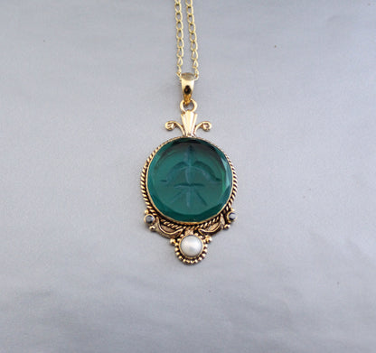 Green Intaglio Necklace, Victorian Pendant