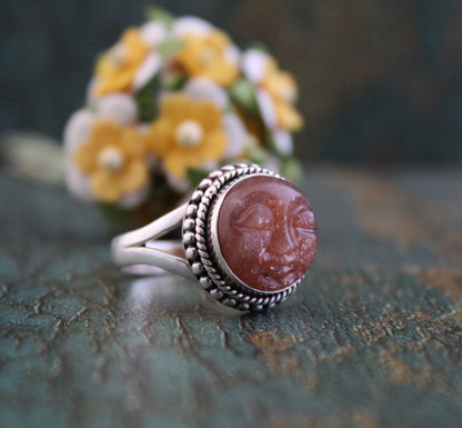 Peach Moonstone Ring, Moon Face Ring