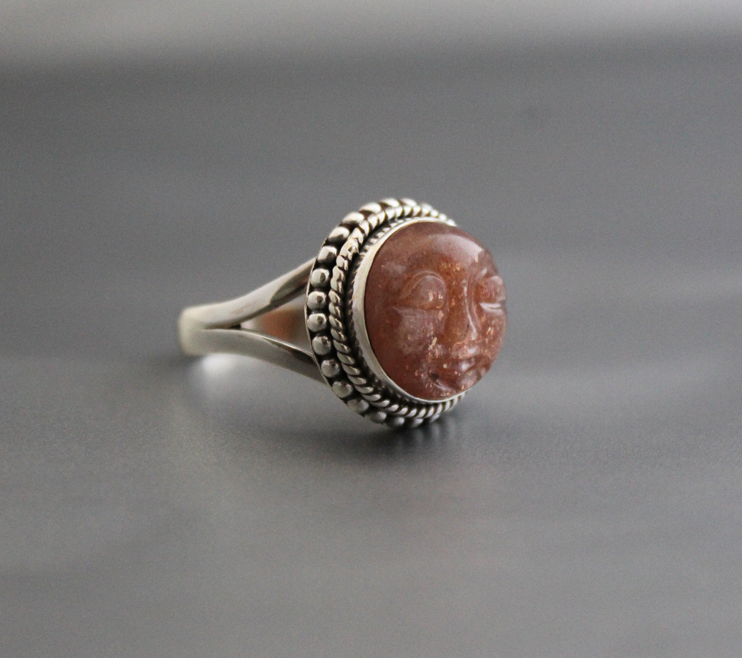 Peach Moonstone Ring, Moon Face Ring