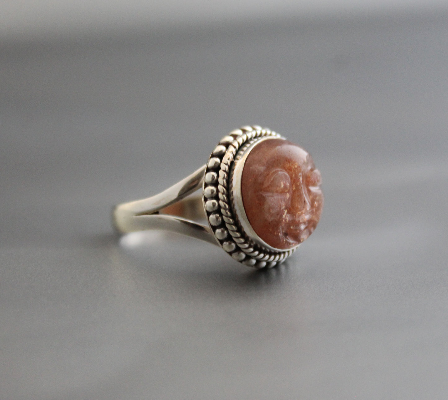 Peach Moonstone Ring, Moon Face Ring