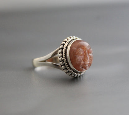 Peach Moonstone Ring, Moon Face Ring