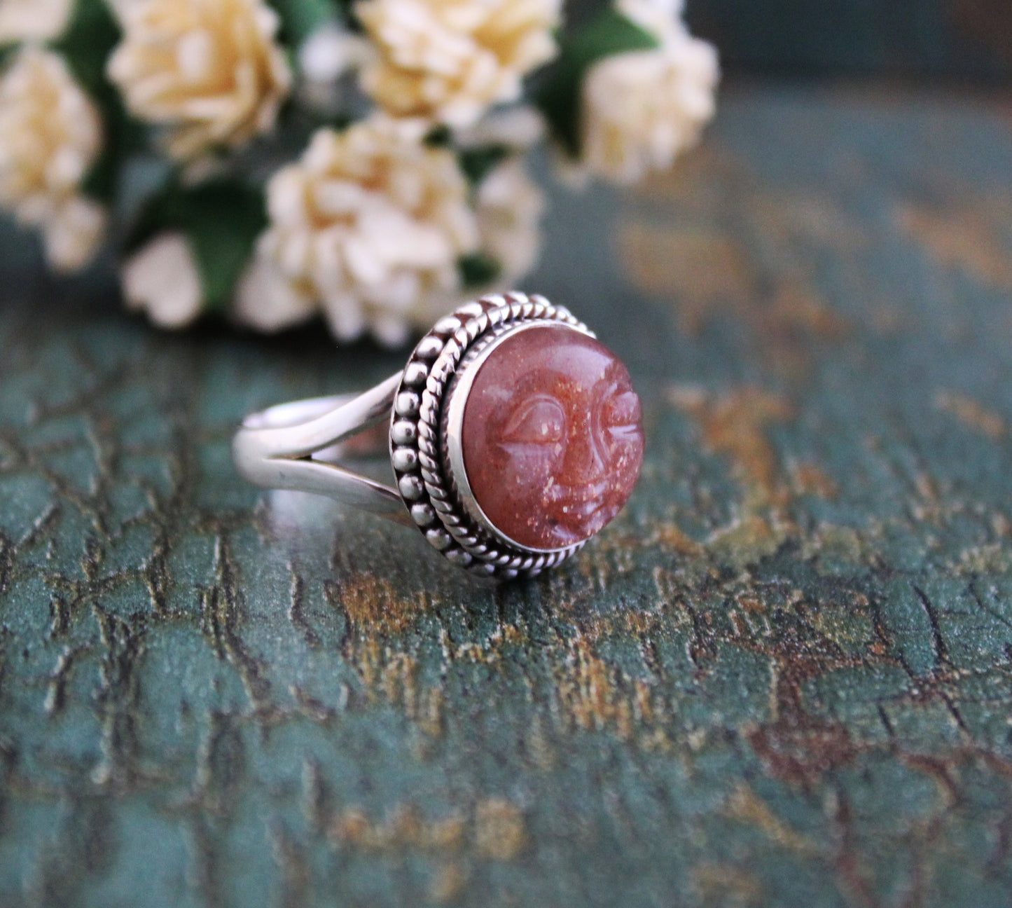 Peach Moonstone Ring, Moon Face Ring